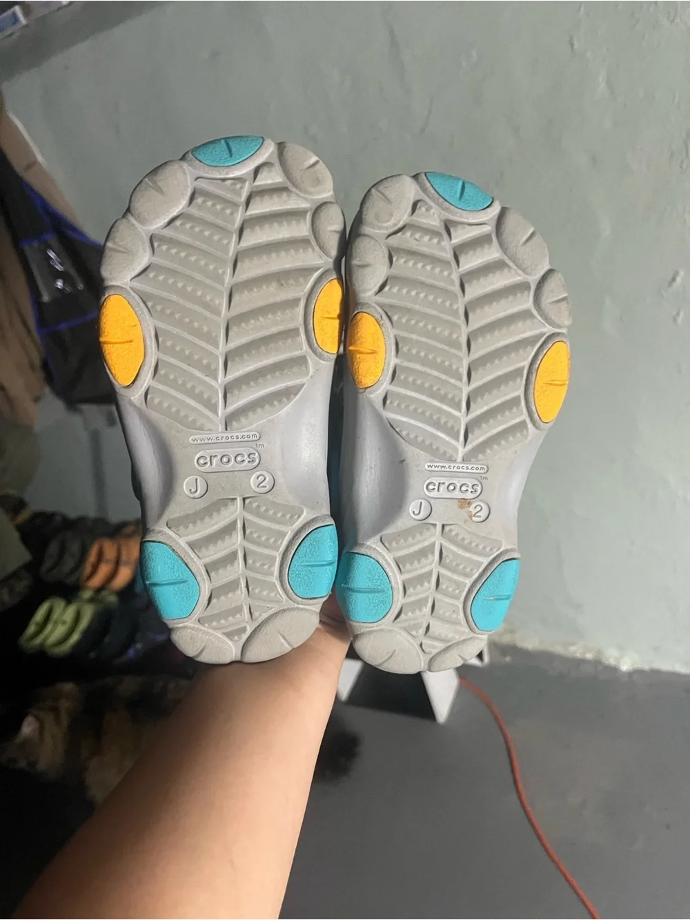 Kids Gray Clog Shoes with Yellow Strap and Teal Accents